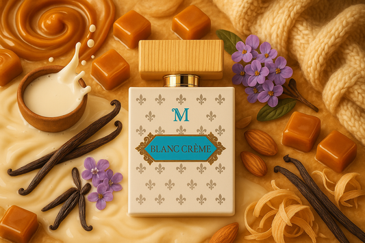 "Bottiglia bianca elegante con pattern decorativo e tappo dorato di Blanc Crème circondata da spirali di caramello, latte cremoso, baccelli di vaniglia e fiori di eliotropio in atmosfera gourmand calda e accogliente"
