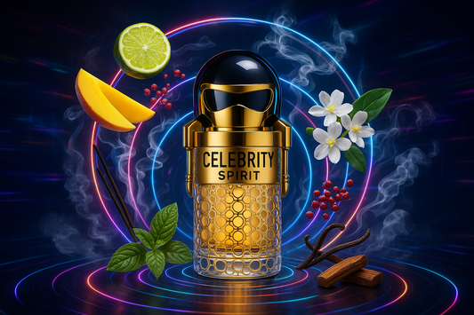 "Flacone dorato con pattern geometrico e tappo nero di Celebrity Spirit con ingredienti che fluttuano intorno in stile futuristico: mango, bergamotto, gelsomino, incenso, sandalo e vaniglia"