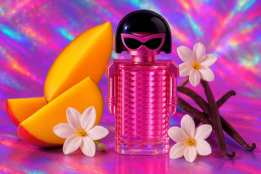 "Flacone rosa con design geometrico e personaggio stilizzato di Celebrity Spirit Pixel Bloom circondato da fette di mango dorato, fiori di gelsomino bianchi e baccelli di vaniglia in atmosfera pop e glamour"