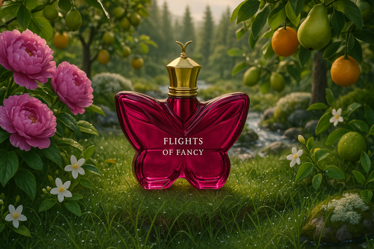 "Bottiglia rosa/fucsia a forma di farfalla di Flights of Fancy su prato bagnato dalla rugiada vicino a un ruscello, con peonie rosa, gelsomino, piante di bergamotto, pera e mandarino"