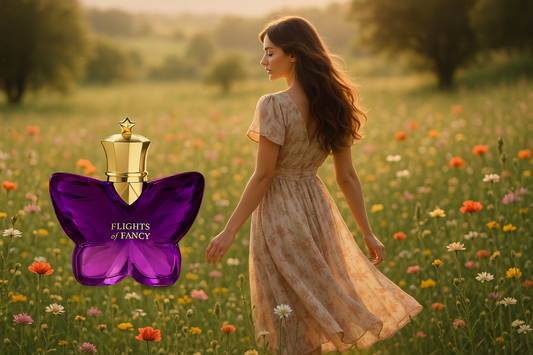 "Flacone di Flights of Fancy Starborn a forma di farfalla viola con dettagli dorati in un campo fiorito con donna che cammina, circondato da fiori selvatici, iris, violette e muschio bianco"