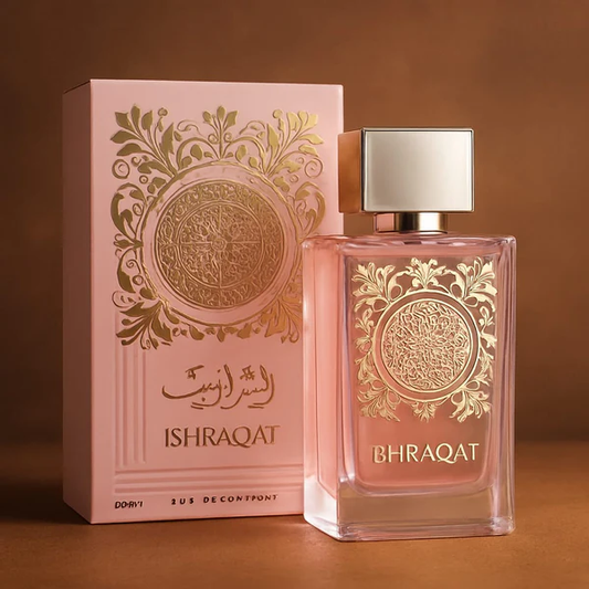 Profumo Ishraqat con elegante design rosa e oro - fragranza orientale ispirata a Yara di Lattafa