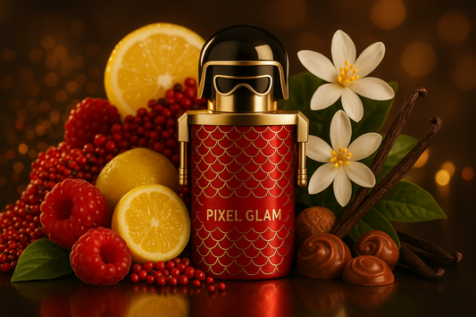 "Flacone rosso con pattern geometrico di Pixel Glam circondato da lamponi freschi, fiori d'arancio, gelsomino sambac, praline, baccelli di vaniglia e foglie di patchouli in atmosfera lussuosa"