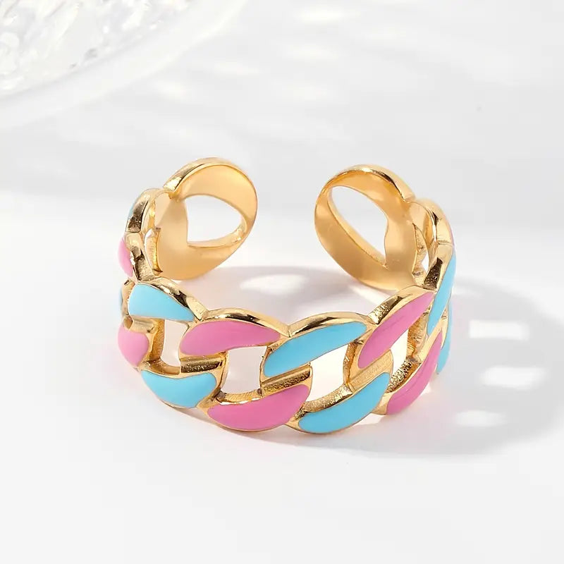 Anello Dorato Intrecciato con Smalto Rosa e Turchese