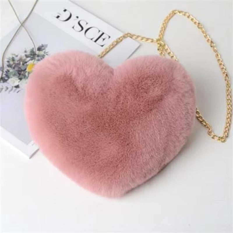 Borsa a Cuore Rosa in Peluche con Tracolla Dorata