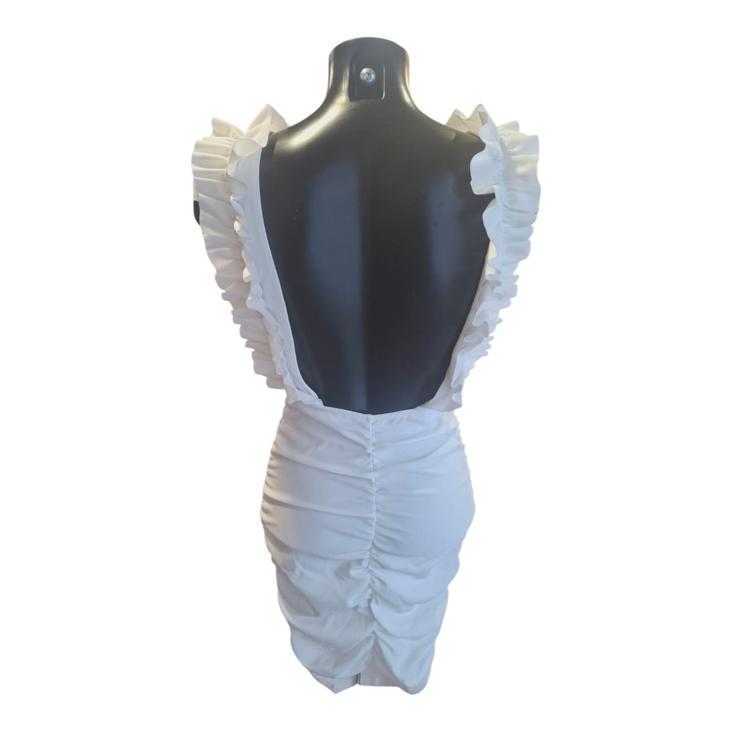 Abito Bianco Candido Drappeggiato con Schiena Scoperta e Bretelle Grettate