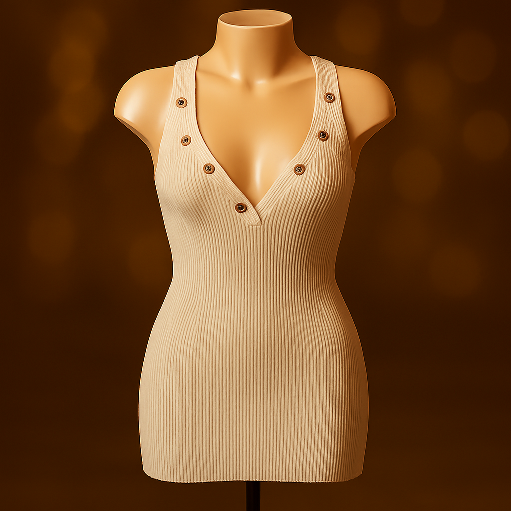 Abito a Micro Costa Beige con Scollo a V e Bottoni Decorativi