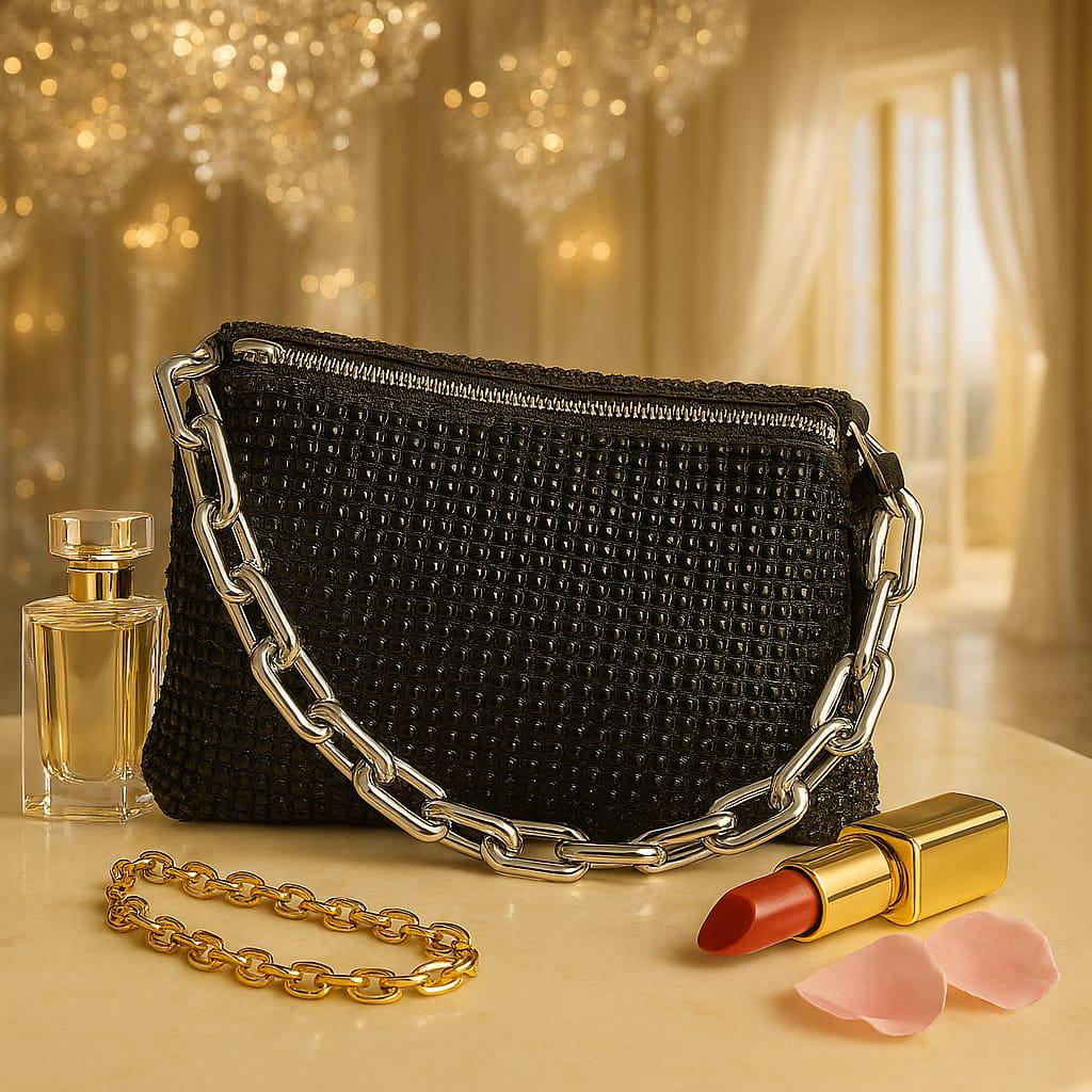 Borsa Nera Testurizzata con Tracolla a Catena Argento –