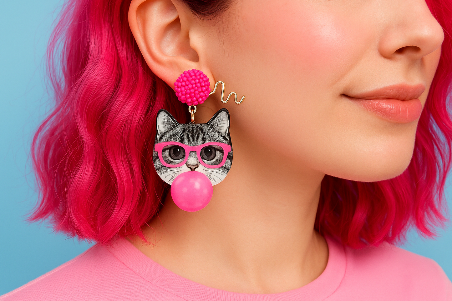 Orecchini Gatto Chewingum indossati - Bijoux kawaii pop colorati - Nonsolocosmesi, www.nonsolocosmesi.it