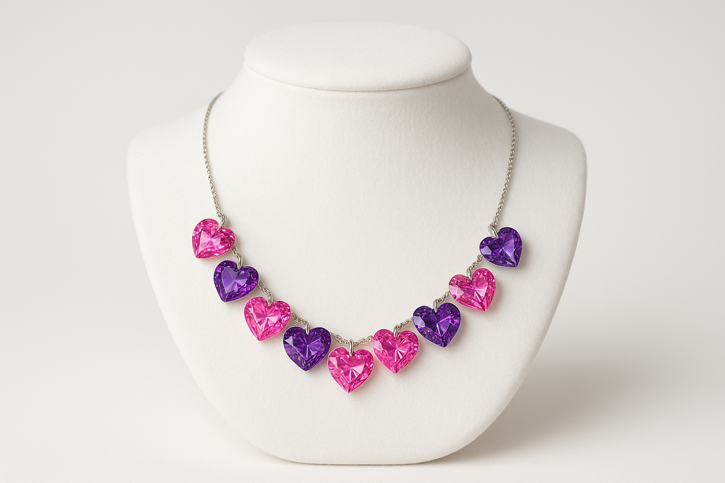 Collana Glamour con Cristalli a Cuore Rosa e Viola su sfondo elegante - www.nonsolocosmesi.it - Bigiotteria statement luxury e-commerce