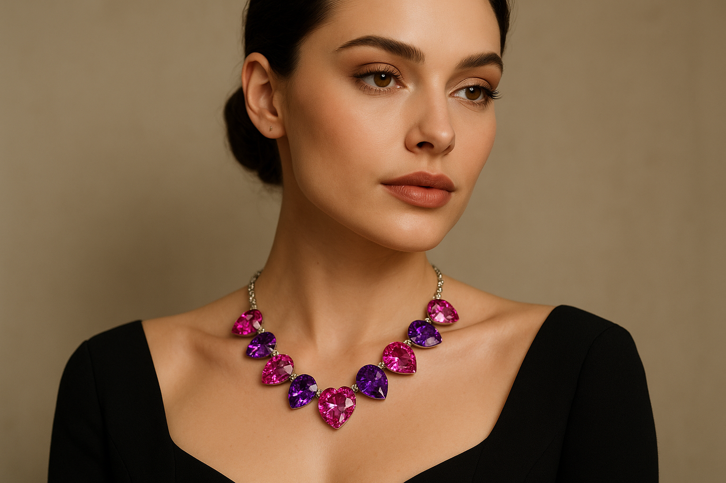 Collana Glamour con Cristalli a Cuore Rosa e Viola indossata da modella elegante - www.nonsolocosmesi.it - Lifestyle fashion jewelry