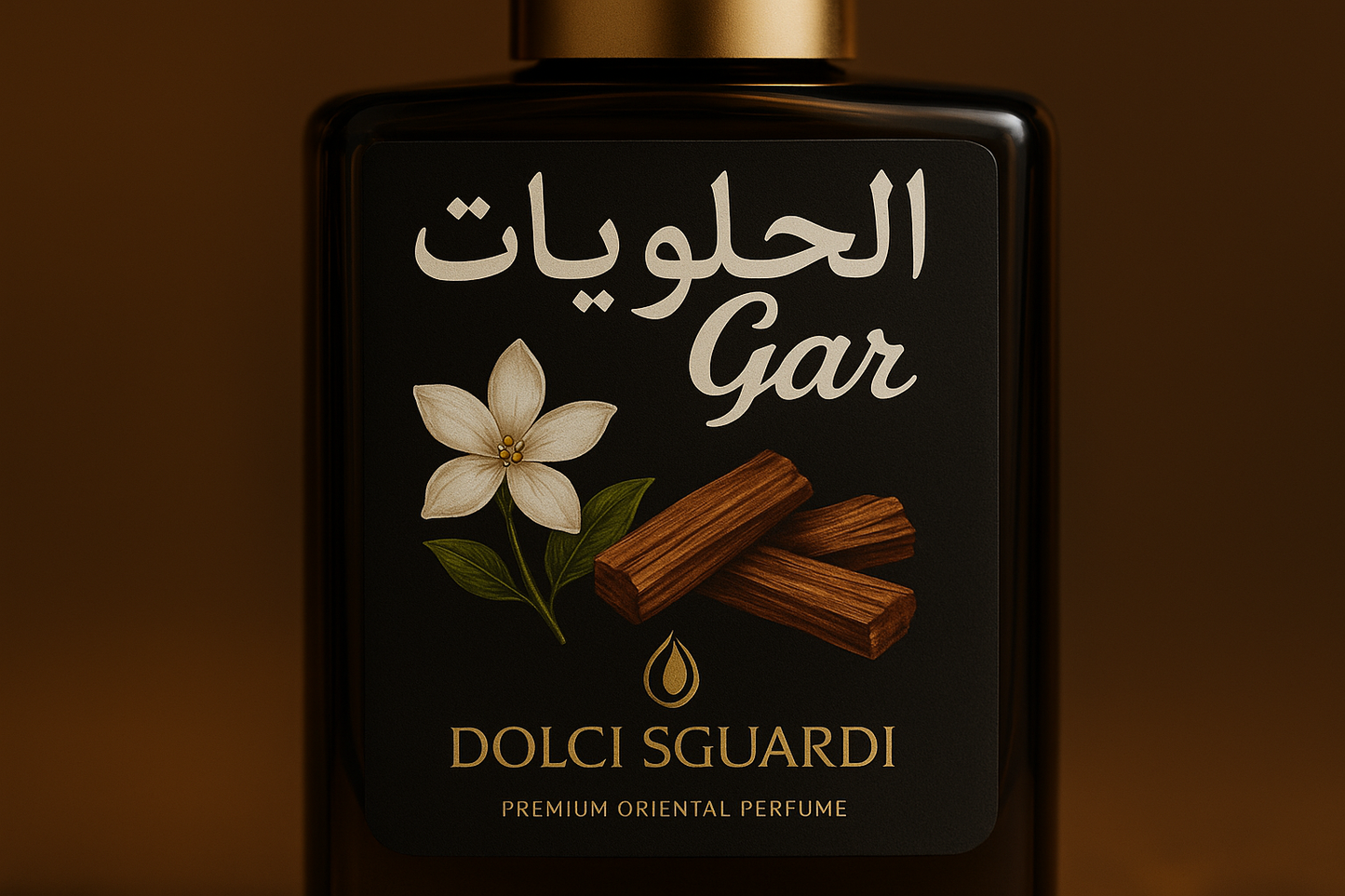 Dolci Scuardi Al Hulwiyat Gar - Dettagli bottiglia gelsomino sandalo - Nonsolocosmesi, www.nonsolocosmesi.it