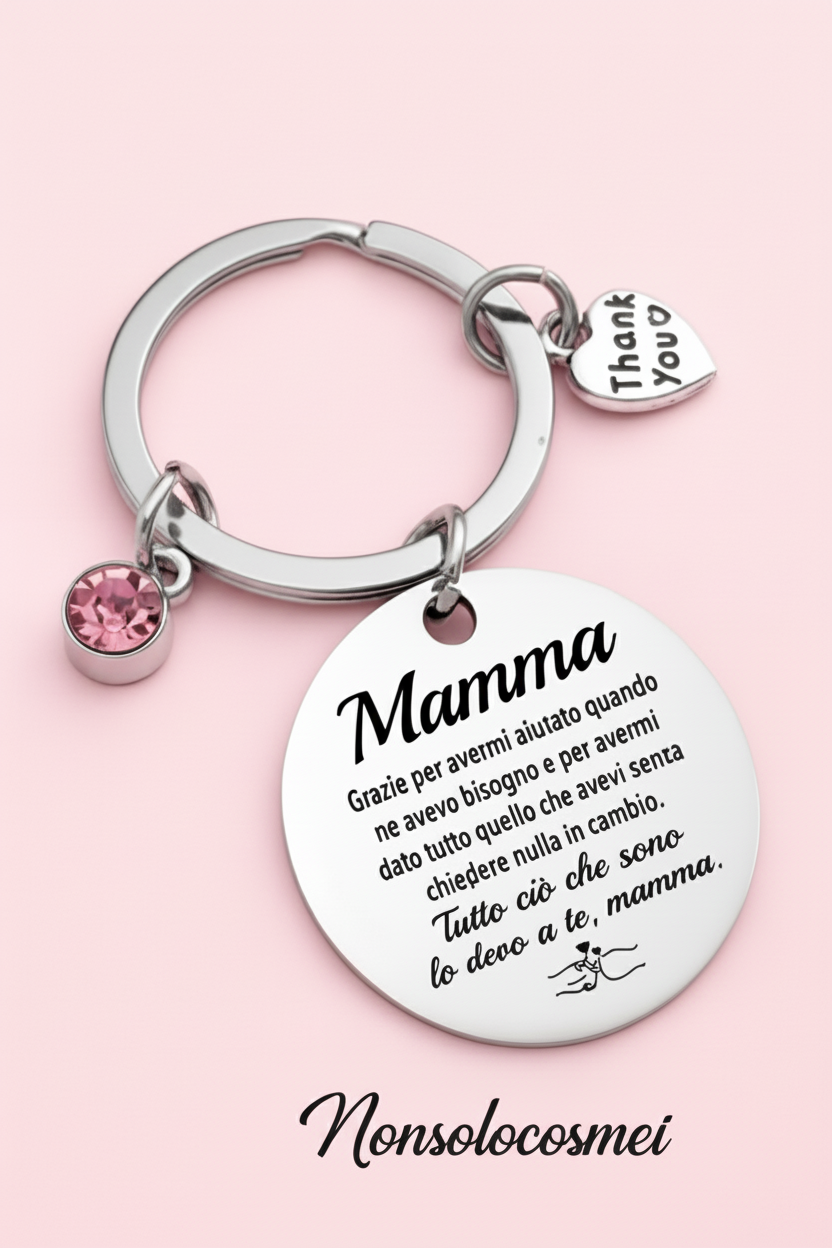 Portachiavi Mamma con dedica poetica e charm Thank You su sfondo rosa - Nonsolocosmesi www.nonsolocosmesi.it