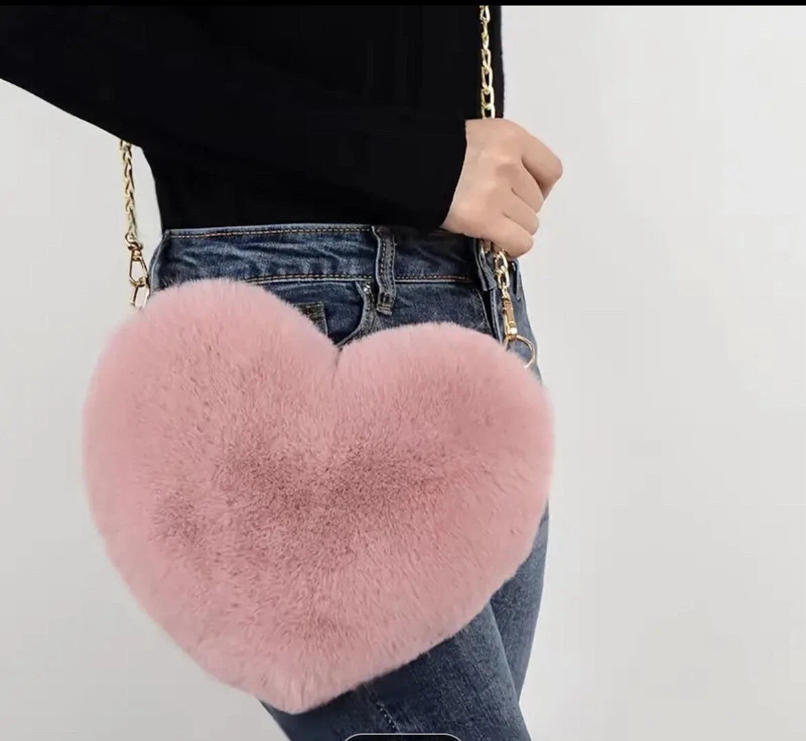 Borsa a Cuore Rosa in Peluche con Tracolla Dorata