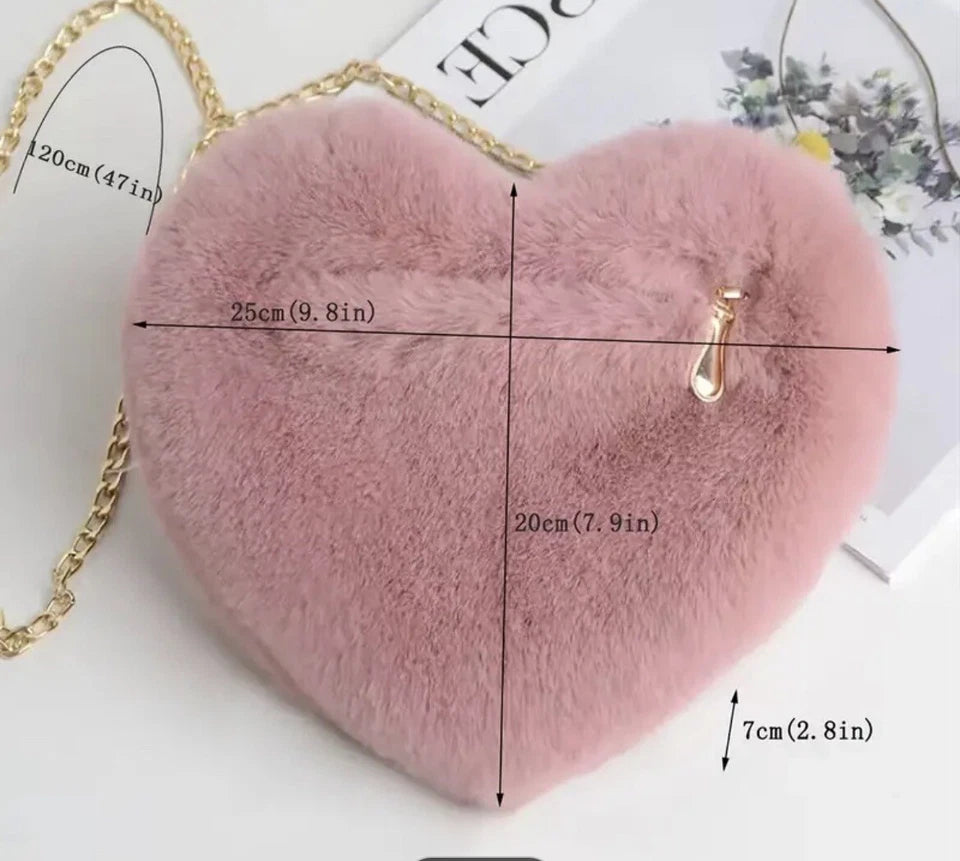 Borsa a Cuore Rosa in Peluche con Tracolla Dorata