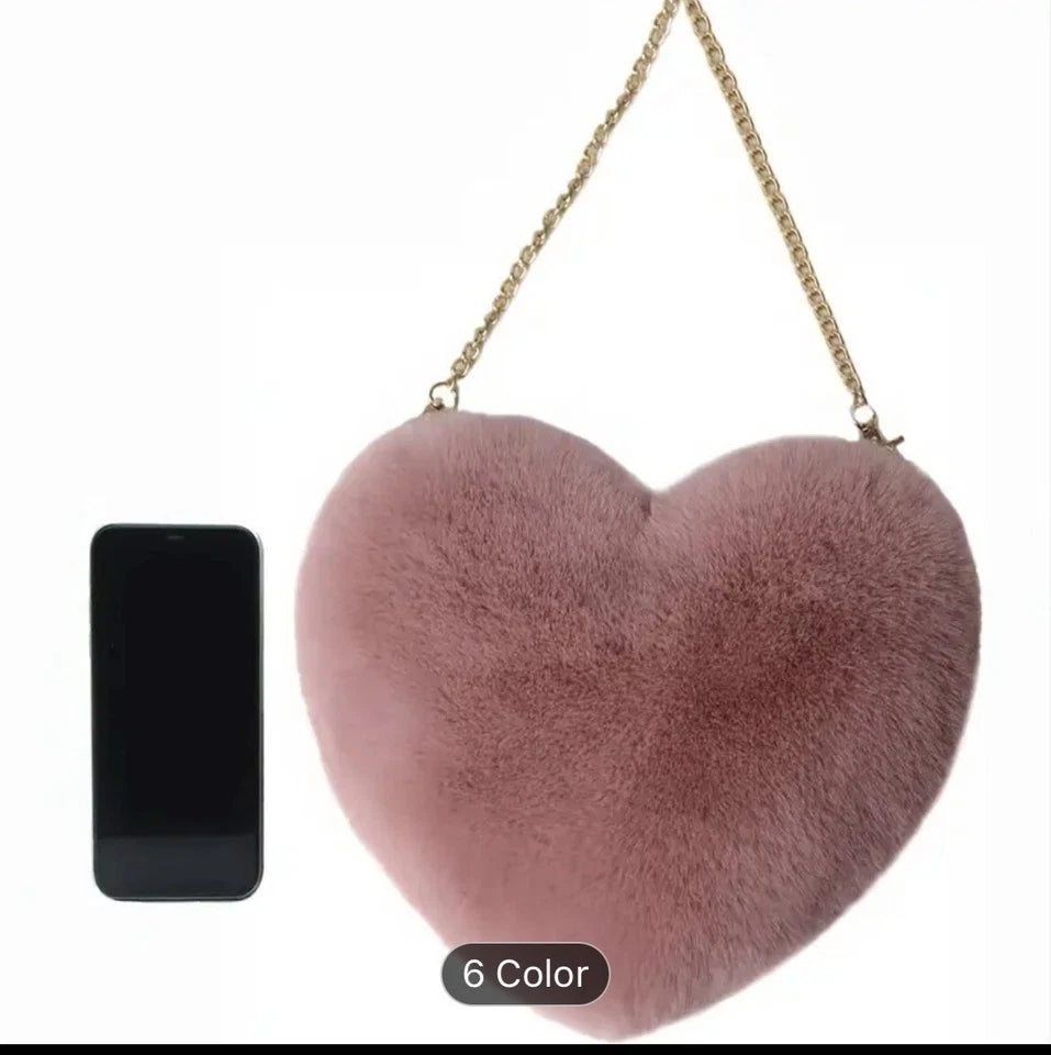 Borsa a Cuore Rosa in Peluche con Tracolla Dorata