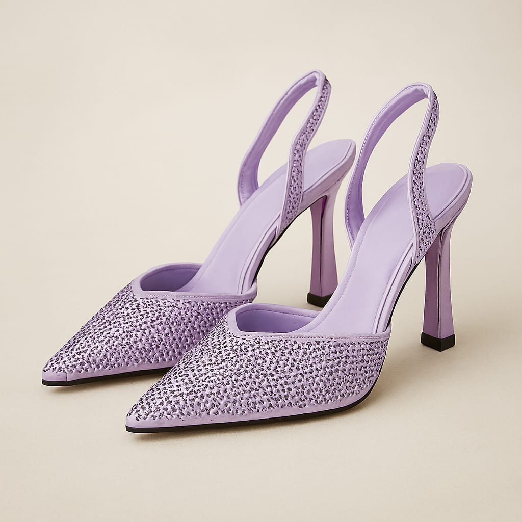 Décolleté Slingback in Tessuto Raso Lilla con Strass –