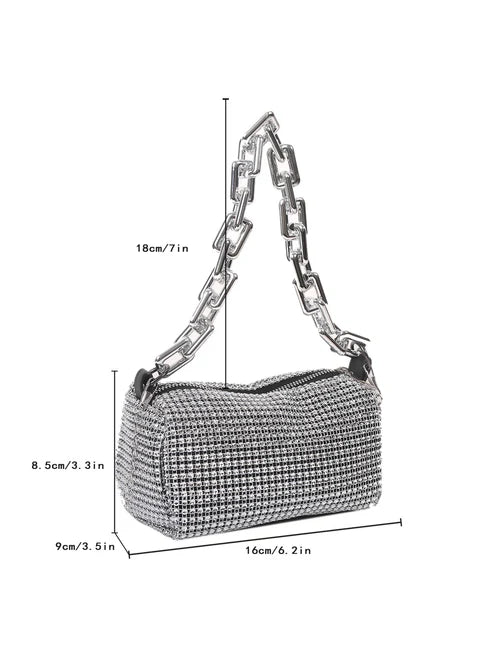 Borsa Nera Testurizzata con Tracolla a Catena Argento –