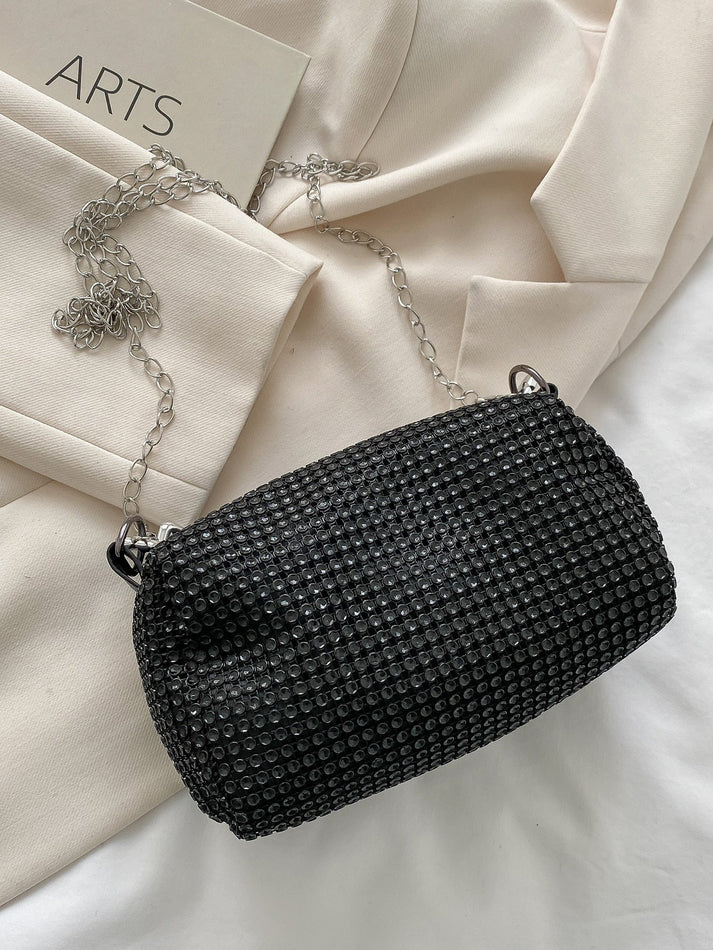 Borsa Nera Testurizzata con Tracolla a Catena Argento –