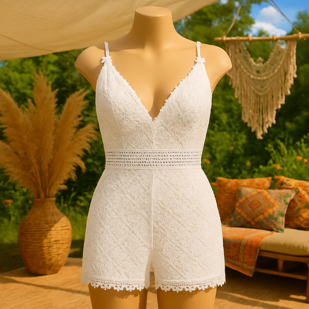 Romper Bianco in Pizzo con Scollo Profondo e Orlo a Onde