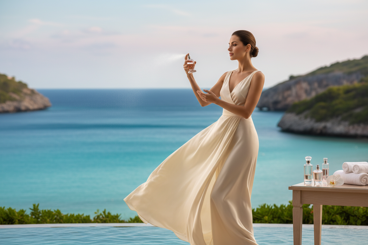 vorrei una donna che spruzza il profumo con uno sfondo del mare