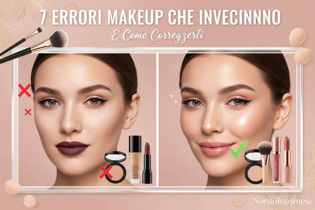 7 errori makeup che invecchiano come correggerli fondotinta cipria sopracciglia rossetto trucco anti-età - Nonsolocosmesi www.nonsolocosmesi.it