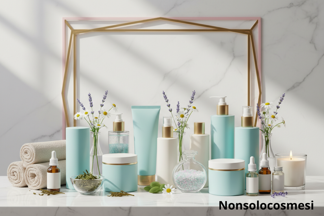 Composizione bodycare PE 2026 con flaconi azzurri e bianchi detergenti corpo oli sensoriali ingredienti naturali lavanda camomilla tè verde alghe marine spa domestica Nonsolocosmesi www.nonsolocosmesi.it