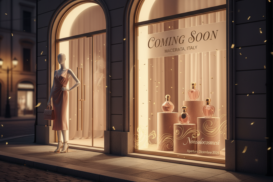 Apertura Nonsolocosmesi Macerata dicembre 2025 - Inaugurazione con 50% sconto profumi e cosmesi, 20% sconto abbigliamento e accessori - Profumeria e boutique elegante - www.nonsolocosmesi.it