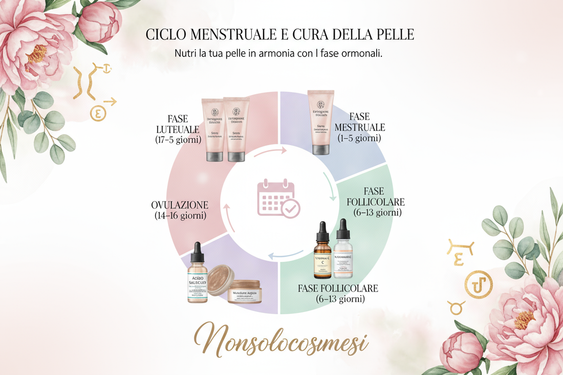 Beauty ciclo mestruale skincare ormonale fasi mestruali: fase mestruale, follicolare, ovulazione, luteale con prodotti cura pelle - Nonsolocosmesi www.nonsolocosmesi.it