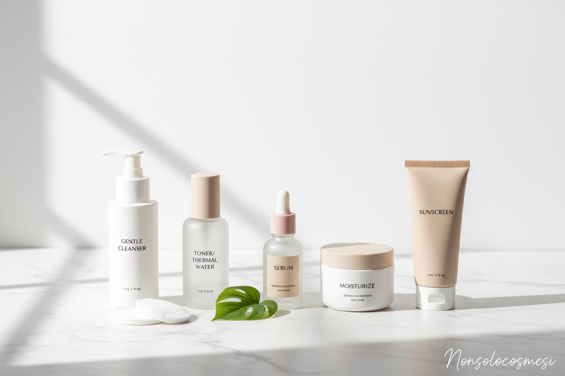 Beauty minimalista routine essenziale 5 prodotti skincare detergente tonico siero crema protezione solare minimalismo sostenibile - Nonsolocosmesi www.nonsolocosmesi.it