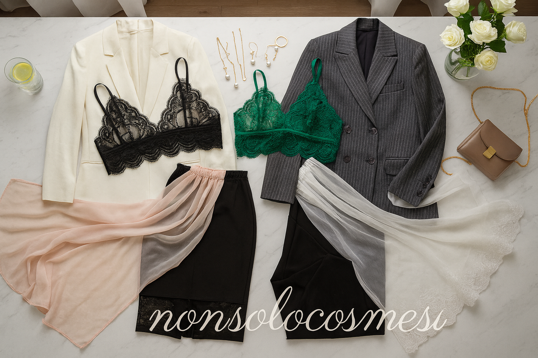 Trasparenze 2025/2026 - Bralette pizzo nero verde smeraldo sotto blazer, layering elegante vedo non vedo - Come indossare trasparenze con classe Nonsolocosmesi www.nonsolocosmesi.it