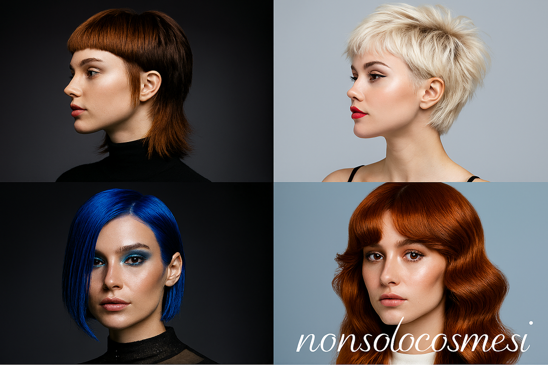 Capelli sperimentali 2025 - Tagli geometrici bob mullet pixie, colori audaci rame blu elettrico biondo platino - Tendenze hair styling Nonsolocosmesi www.nonsolocosmesi.it