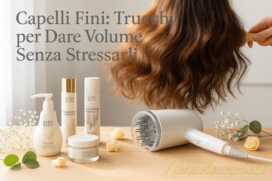 Capelli fini con volume naturale, prodotti volumizzanti haircare, shampoo senza siliconi, spray root lift, phon diffusore per styling capelli sottili - Nonsolocosmesi www.nonsolocosmesi.it
