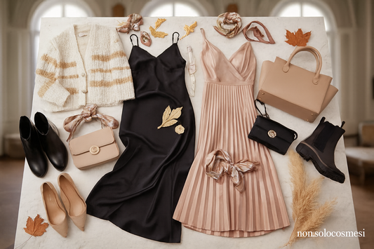 Capi iconici autunno inverno 2025 2026 guardaroba perfetto cardigan righe beige oro abito slip nero abito plissettato rosa cipria borse beige nera scarpe stivaletti