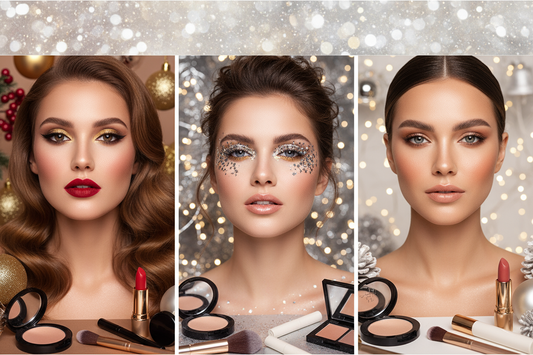 "Come truccarsi per le feste 2025 - 3 look make-up per Natale e Capodanno: elegante classico con smokey eyes e rossetto rosso, glamour moderno con glitter, naturale sofisticato - Tutorial trucco - Nonsolocosmesi - www.nonsolocosmesi.it"