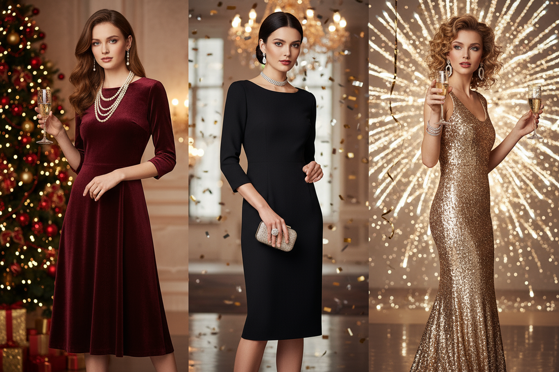 "Come vestirsi per le feste 2025 - 3 outfit perfetti per Natale e Capodanno: abito midi bordeaux elegante per famiglia, little black dress per cena aziendale, abito oro paillettes per party - Guida moda - Nonsolocosmesi - www.nonsolocosmesi.it"