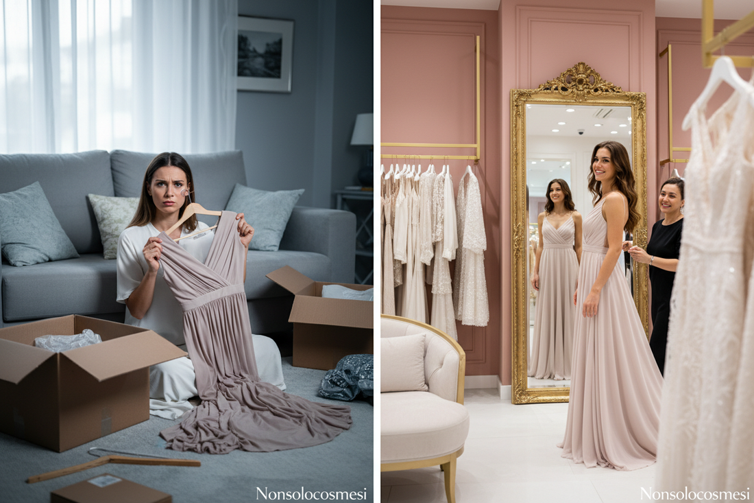 Confronto acquisto abbigliamento online vs negozio fisico: cliente delusa a casa con vestito sbagliato vs cliente felice in boutique Nonsolocosmesi Macerata che prova capi con soddisfazione, ambiente elegante bianco oro rosa cipria - www.nonsolocosmesi.it