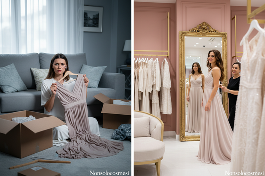 Confronto acquisto abbigliamento online vs negozio fisico: cliente delusa a casa con vestito sbagliato vs cliente felice in boutique Nonsolocosmesi Macerata che prova capi con soddisfazione, ambiente elegante bianco oro rosa cipria - www.nonsolocosmesi.it