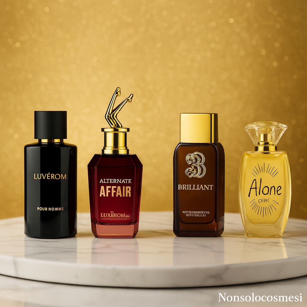 Confronto profumi equivalenti italiani Luxerom e Conver Scent - Aquatic Rise, Alternate Affair, Brilliant e Alone Golden disponibili su Nonsolocosmesi www.nonsolocosmesi.it