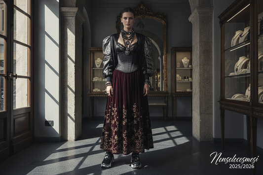 Dark Romantic 2025/2026 - Stile gotico moderno con corsetto nero raso, pizzo, perle nere, dettagli barocchi e oro - Guida