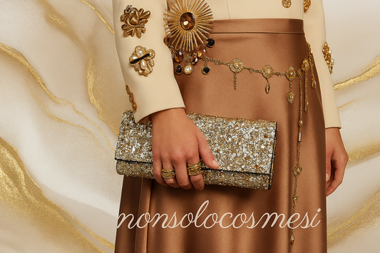 Accessori vintage dorati 2025/2026 - Spille dorate fiori e foglie, cintura decorativa ciondoli, clutch glitter argento oro, anelli - Styling accessori Nonsolocosmesi www.nonsolocosmesi.it Macerata