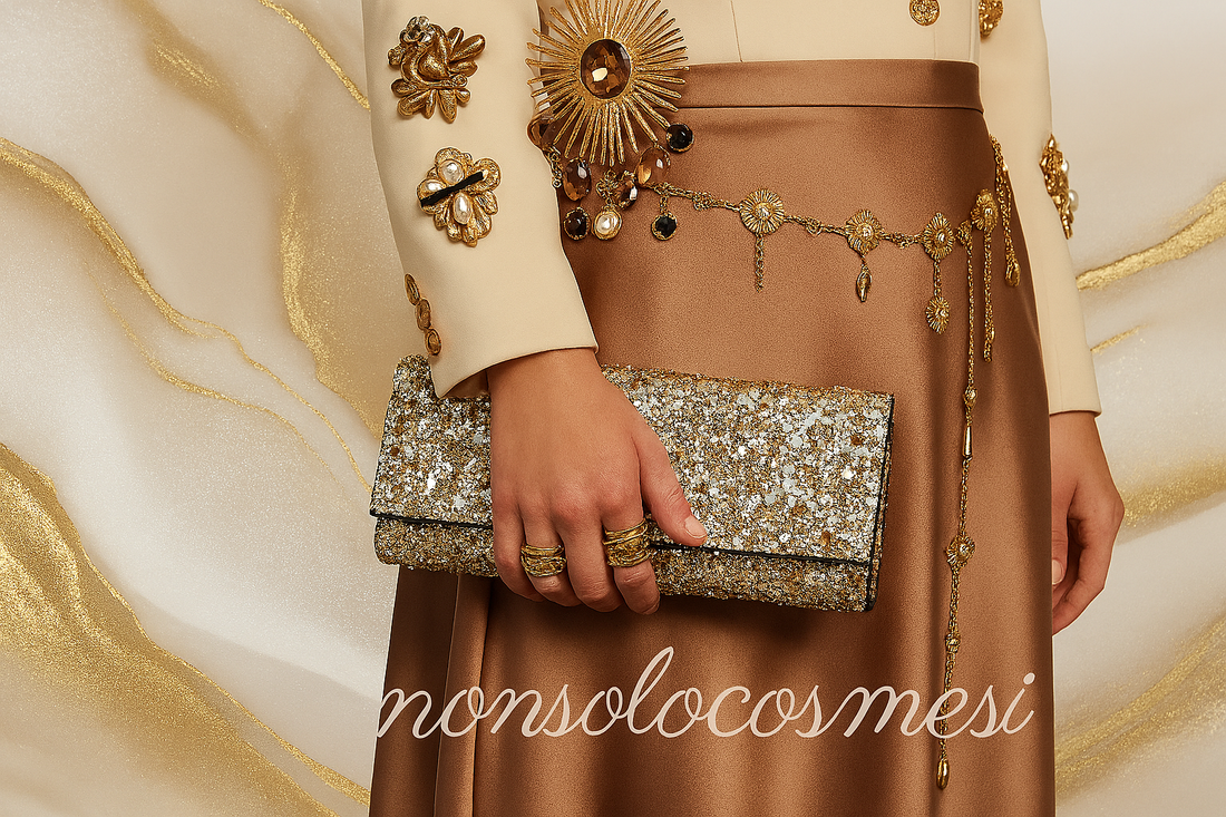 Accessori vintage dorati 2025/2026 - Spille dorate fiori e foglie, cintura decorativa ciondoli, clutch glitter argento oro, anelli - Styling accessori Nonsolocosmesi www.nonsolocosmesi.it Macerata