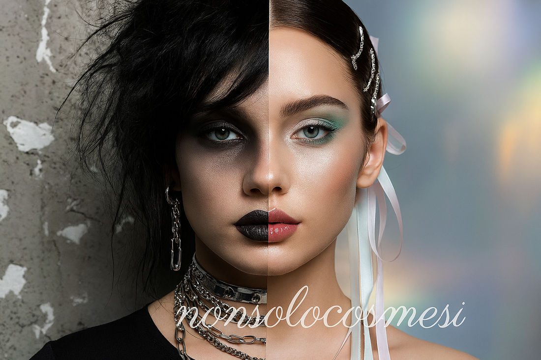 Beauty 2025 grunge vs glow - Contrasto makeup dark smokey eyes matte e skincare luminosa dewy - Due poli beauty tendenze Nonsolocosmesi www.nonsolocosmesi.it