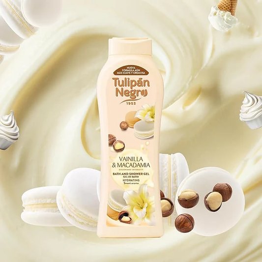 Tulipán Negro Vanilla & Macadamia - Bagnoschiuma e gel doccia con vaniglia e macadamia per freschezza, eleganza e benessere