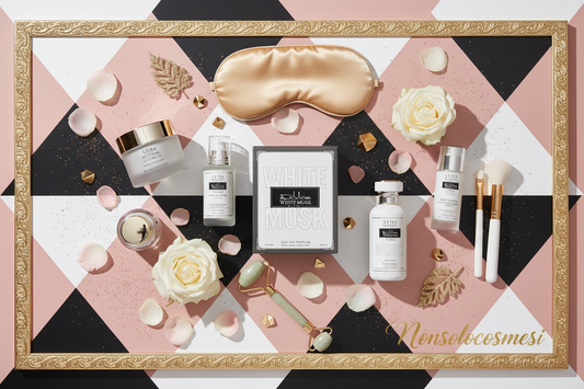 Composizione luxury con prodotti Ultra Retinol Complex per viso, corpo e capelli e profumi equivalenti premium su sfondo geometrico con triangoli bianchi, rosa cipria e neri con glitter bronzo e cornice oro - Nonsolocosmesi www.nonsolocosmesi.it