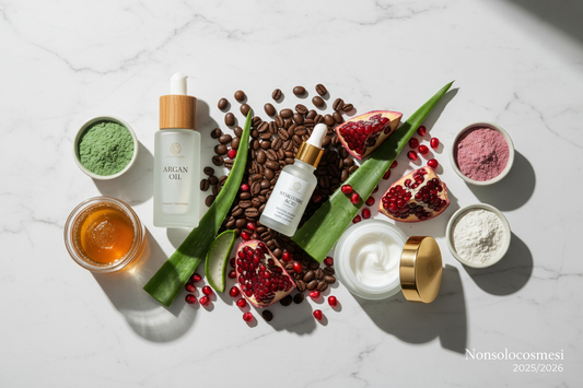 Ingredienti skincare haircare 2025 2026 tendenze beauty naturali acido ialuronico retinolo caffè melograno aloe argan viso corpo capelli - Nonsolocosmesi www.nonsolocosmesi.it