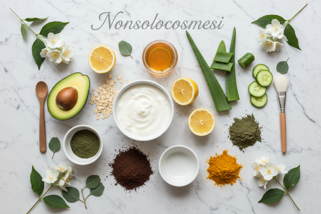 Maschere viso fai da te con ingredienti naturali: avocado, miele, yogurt, argilla verde, caffè, curcuma per skincare naturale homemade - Nonsolocosmesi www.nonsolocosmesi.it