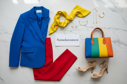 Composizione flat lay moda PE 2026 con blazer strutturato blu elettrico pantaloni rossi sartoriali accessori oro sandali slim borsa colorata brand Nonsolocosmesi www.nonsolocosmesi.it