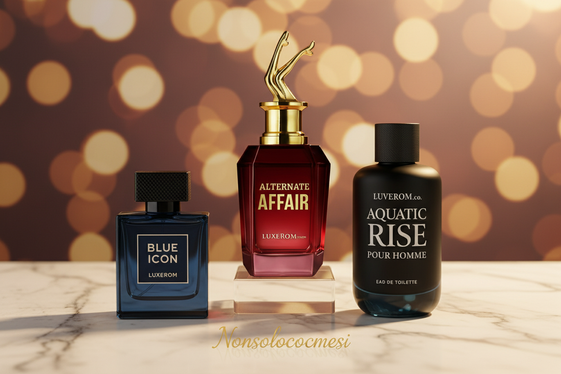 Collezione profumi Luxerom italiani con boccette Aquatic Rise Pour Homme, Alternate Affair e Blue Icon - Nonsolocosmesi www.nonsolocosmesi.it