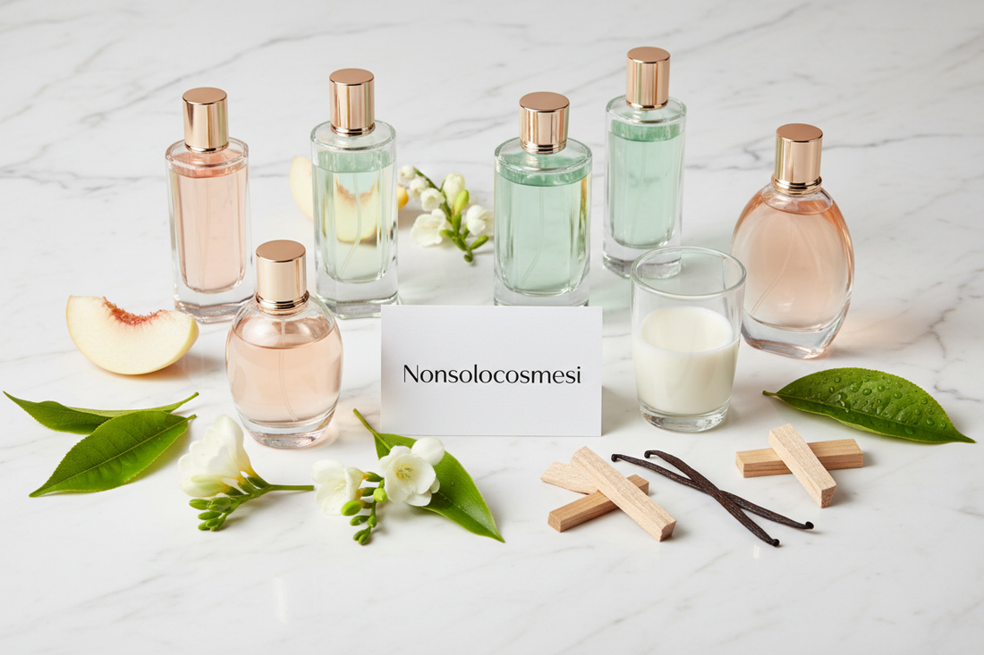 Profumi primavera estate 2026 fragranze tendenze flaconi eleganti ingredienti naturali pesca fiori bianchi tè verde vaniglia Nonsolocosmesi www.nonsolocosmesi.it